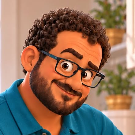 Dad, a smiling animated character with curly hair, glasses and a teal polo shirt
